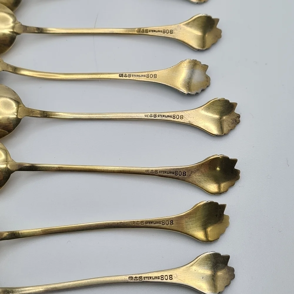Gorham Sterling & Enamel Flowers Demitasse Spoons Set of 11 & Sugar Tong #808